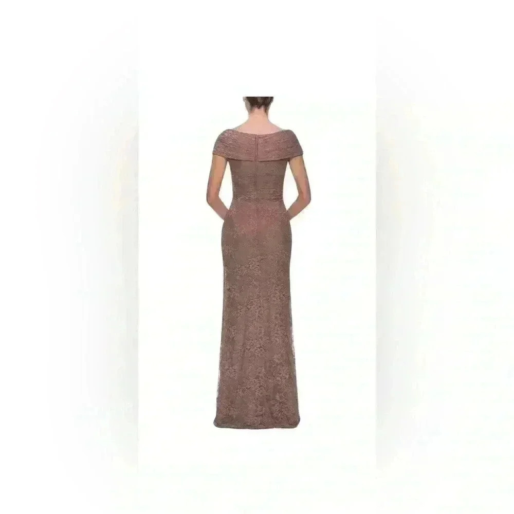 NEW La Femme Lace Overlay rhinestone off shoulder cap sleeve cocoa dress gown 2 - Picture 2 of 12